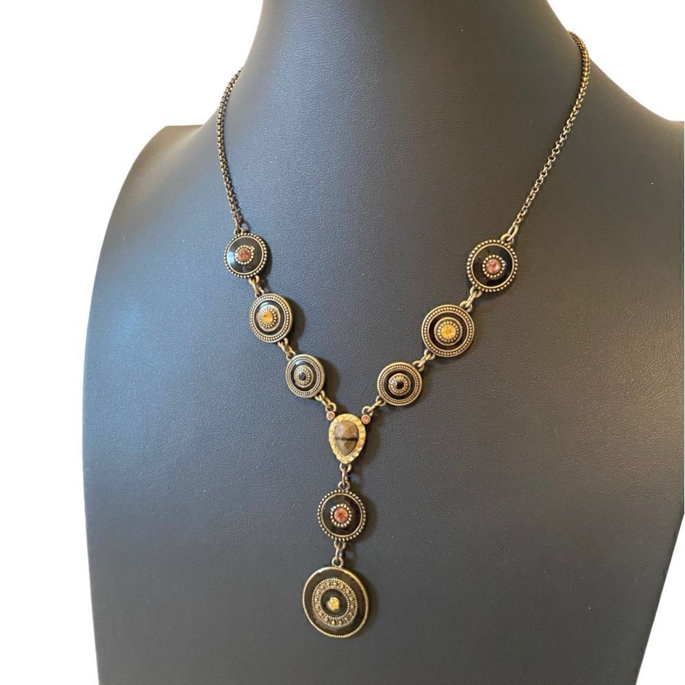 Vintage Brass Toned Jeweled Y Necklace. Tl-17”+2.5” Extender